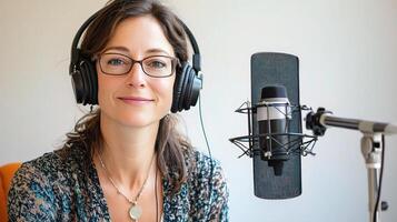 Female Podcaster Recording Audio in Modern Studio Setting photo