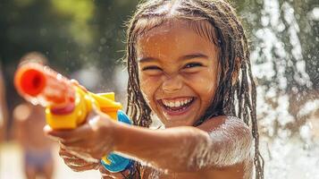 A young girl is playing with a water gun photo