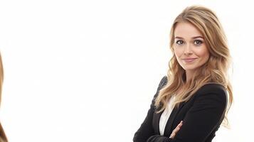 Happy Business Woman Talking to Colleague in Professional Setting photo