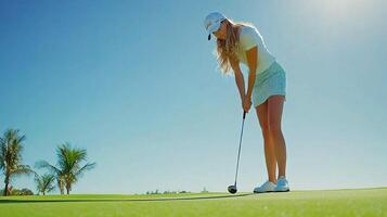 A woman is playing golf on a green field photo