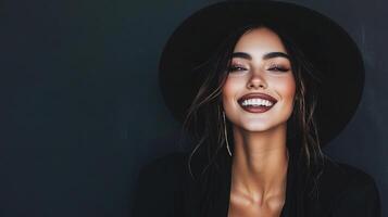 Stylish Female Model Smiling in Black Fashion Attire with Hat photo