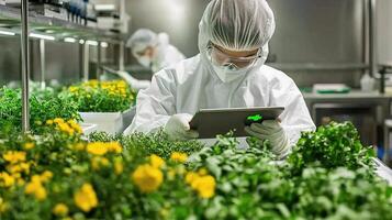 A worker in a lab with a tablet computer photo