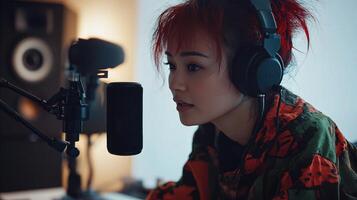 Female Podcaster in Studio Recording Audio for Podcast Show photo