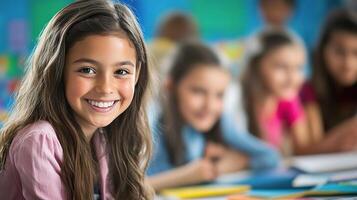A girl smiles while sitting at a desk in front of other students photo