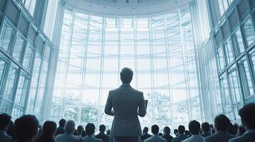 A man in a suit stands in front of a large crowd photo