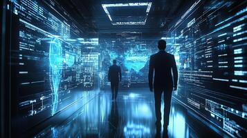 Two people walk through a futuristic hallway with a digital background photo
