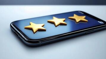 Three Golden Stars Rating Icon on Smartphone for Customer Feedback photo