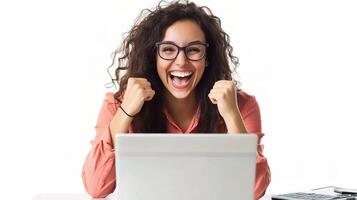Happy Woman Working from Home at Desk with a Big Smile photo