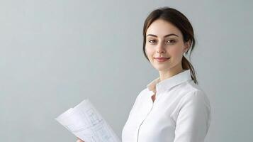 Female Architect Holding Blueprints in Modern Office Setting photo