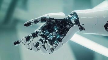 A robot hand is holding a device photo