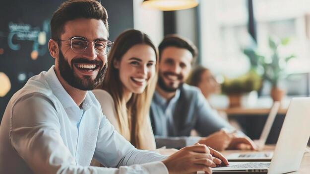 A group of people sitting at a table with a laptop photo