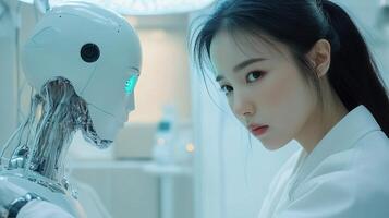 A woman in white coat standing next to a robot photo