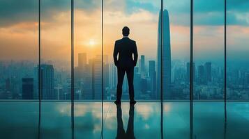 Businessman standing in front of large windows looking at cityscape photo