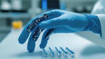 A person in blue gloves is holding a robotic hand photo
