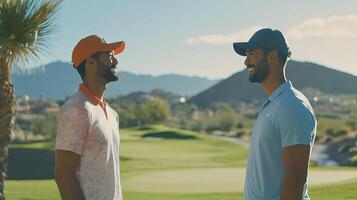 Two men talking on the golf course photo