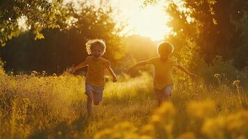 Two children running through a field of yellow flowers photo