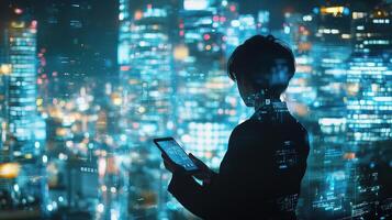 A man in a suit is looking at a tablet computer in front of a cityscape photo
