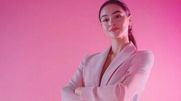 A woman in a suit posing against a pink background photo