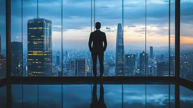 A man in a suit stands in front of a window looking out at the city photo