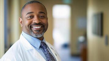 A smiling black man in a white lab coat photo