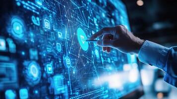 A man is pointing at a digital interface with a futuristic design photo