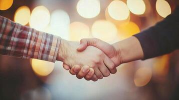 Two people shaking hands in front of a blurred background photo