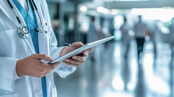 Doctor Busy with Tablet Filling Out Checklist in Hospital Setting photo