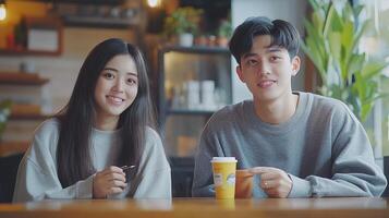 Young Asian Woman and Man Smiling in Cozy Cafe Setting photo