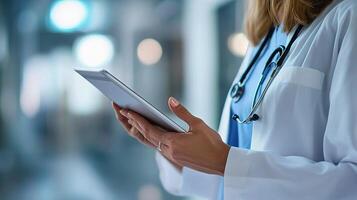 Female Doctor Reading on Tablet in Modern Medical Setting photo