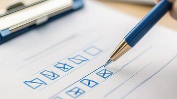 A person is writing on a checklist with a pen photo