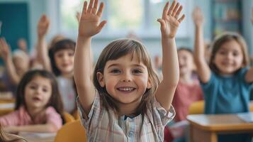 Bright and Energetic Classroom with Engaged Students Raising Hands photo