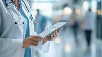 Busy doctor filling out checklist on tablet in a bright clinic photo