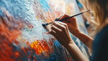 A woman is painting on a canvas with a brush photo