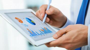 A business man using a tablet to show graphs and charts photo
