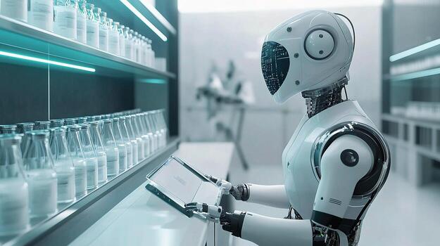 A robot in a laboratory with bottles on shelves photo