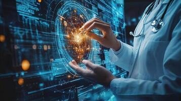 Doctor Diagnosing Patient with Stethoscope in Futuristic Environment photo