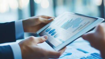 Business people using tablet to look at graphs photo