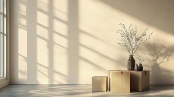 A room with a window and a vase of flowers photo