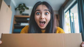 A woman is holding a cardboard box with her mouth open photo