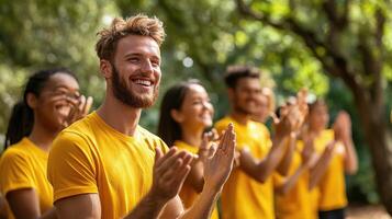 A group of people in yellow shirts clapping photo
