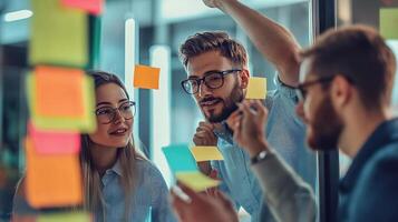 Three people are looking at sticky notes on a wall photo