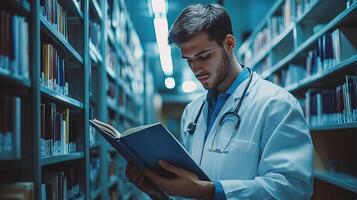 A male doctor is reading a book in a library photo