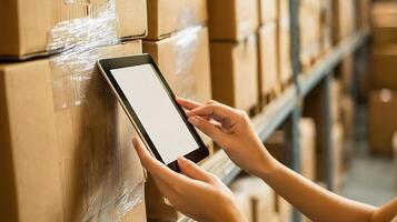 A woman holding a tablet in a warehouse photo