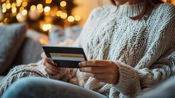 Woman holding a credit card in front of christmas lights photo