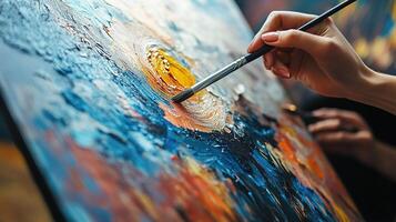 Creative Woman Painting on Canvas with Vibrant Colors and Expressive Lines photo
