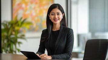 A woman in a business suit sitting at a table photo