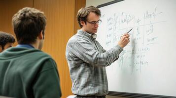 Professor Demonstrating Mathematical Equations on Whiteboard photo