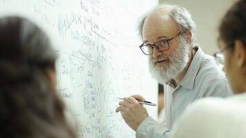 A man with a beard and glasses writing on a whiteboard photo