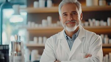 A man in a lab coat standing in front of shelves photo