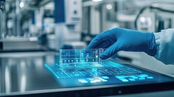 A person in a lab coat is touching a screen photo
